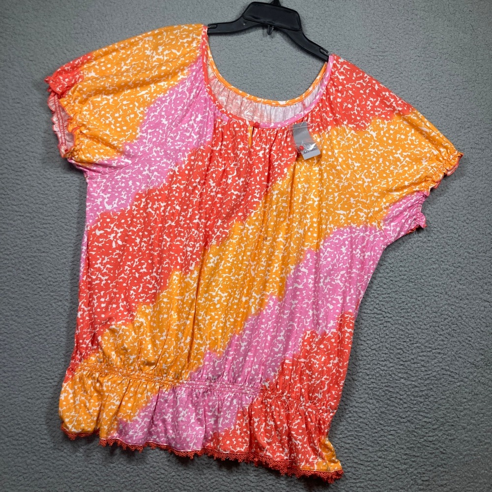Lane Bryant Blouse Womens 26/28 NEW Orange Pink Stripe Smocked Lace Fun & Flirty